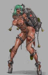  1girl abs armlet arms_behind_back ass barbed_wire barefoot blindfold blood blood_on_breasts bomb breasts breath broken broken_chain chain chained chaos_(warhammer) collar completely_nude crying cuts dark-skinned_female dark_skin dirty explosive full_body green_hair grey_background hand_grenade injury khorne_(symbol) large_breasts lash_marks linked_piercing lying metal_collar nails nails_in_flesh nipple_bells nipple_piercing nude on_back open_mouth piercing pussy_juice pussy_juice_trail scar scar_on_arm scar_on_ass scar_on_chest scar_on_leg sirpetus slaanesh_(symbol) slave solo spiked_armlet spiked_bell spiked_collar spiked_legband spiked_thighlet spikes standing suicide_bomb sweat tongue tongue_out tongue_piercing torture trembling warhammer_40k whip_marks 