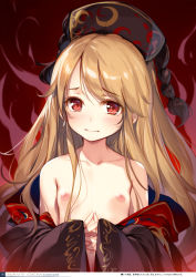 1girl absurdres bare_shoulders black_dress blonde_hair blush breasts chinese_clothes closed_mouth collarbone crescent dress eyelashes fingers_together flat_chest frown hair_between_eyes hands_up hat highres junko_(touhou) ke-ta loli long_hair long_sleeves looking_at_viewer nipples non-web_source own_hands_together red_background red_eyes sidelocks solo steepled_fingers tabard touhou translation_request upper_body very_long_hair wavy_mouth wide_sleeves rating:Questionable score:111 user:danbooru