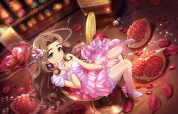 1girl brown_hair cup dress drinking_glass earrings food forehead fruit game_cg gloves green_eyes high_heels ice ice_cube idolmaster idolmaster_cinderella_girls idolmaster_cinderella_girls_starlight_stage jewelry kusakabe_wakaba lemon lemon_slice liquid necklace official_art pantyhose sitting solo thick_eyebrows wine_glass