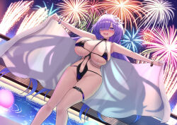  1girl azur_lane bare_shoulders black_choker black_one-piece_swimsuit blush breast_strap breasts choker clothing_cutout commentary_request flower hair_flower hair_ornament hair_over_one_eye highres large_breasts long_hair looking_at_viewer mogador_(azur_lane) mogador_(locker_room_lechery)_(azur_lane) navel navel_cutout official_alternate_costume one-piece_swimsuit open_mouth poolside purple_eyes purple_hair skindentation solo stomach swimsuit thigh_strap very_long_hair wet white_flower yoshi_yubisashi 