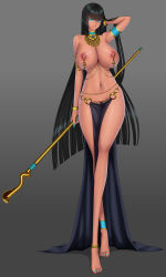 1girl absurdres anklet arm_behind_head armlet barefoot baru_(val-val) black_hair blue_eyes bracelet breasts brown_theme choker curvy dark-skinned_female dark_skin egyptian female_focus female_pubic_hair fingernails full_body gradient_background groin highres huge_breasts jewelry lips loincloth long_fingernails long_hair looking_at_viewer nail_polish navel navel_piercing necklace nipple_piercing nipples no_panties piercing pubic_hair pussy pussy_peek see-through simple_background solo staff standing tan toenail_polish toenails topless uncensored very_long_hair wide_hips rating:Explicit score:93 user:Xander