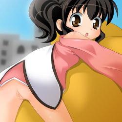 1girl anise_tatlin anus ass blush brown_eyes brown_hair building cape cleft_of_venus dress from_behind loli long_hair long_sleeves looking_at_viewer looking_back lying no_panties open_mouth pink_dress pussy sana_(kerarino) sky skyscraper tales_of_(series) tales_of_the_abyss white_cape rating:Explicit score:20 user:jameskb1