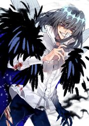  1boy black_feathers black_pants blood blood_on_clothes buttons diamond_hairband dragonfly_wings dress_shirt evil_grin evil_smile fate/grand_order fate_(series) feathers fingernails frilled_shirt_collar frills glowing grey_hair grin highres injury kujiraoka long_sleeves male_focus oberon_(fate) oberon_(third_ascension)_(fate) pants red_eyes sharp_fingernails sharp_teeth shirt short_hair smile solo teeth torn_clothes torn_pants torn_sleeves white_shirt 