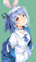 1girl animal_ears blue_hair blush breasts extra_ears green_background hair_ornament hair_ribbon hololive looking_at_viewer official_alternate_hairstyle open_mouth orange_eyes rabbit-shaped_pupils rabbit_ears rabbit_girl ribbon seminoyu short_eyebrows short_hair small_breasts solo symbol-shaped_pupils thick_eyebrows usada_pekora usada_pekora_(casual) virtual_youtuber