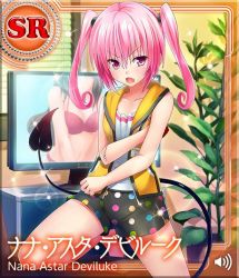 1girl artist_request bare_shoulders blush character_name collarbone demon_tail fang jacket leg_lift long_hair looking_at_viewer nana_asta_deviluke open_mouth pink_eyes pink_hair polka_dot shorts sleeveless solo sparkle sweatdrop tail television to_love-ru to_love-ru_darkness:_idol_revolution tomboy twintails two_side_up vest rating:Sensitive score:27 user:danbooru