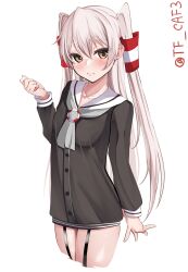  1girl amatsukaze_(kancolle) blush breasts brown_dress brown_eyes collarbone dress garter_straps grey_hair hair_tubes highres kantai_collection lifebuoy_ornament long_hair looking_at_viewer one-hour_drawing_challenge sailor_dress short_dress simple_background small_breasts solo tf_cafe twitter_username two_side_up very_long_hair white_background 