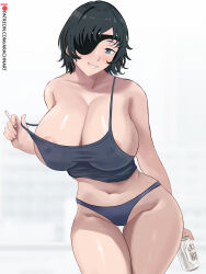 1girl alcohol arachnart areola_slip beer black_hair breasts can chainsaw_man covered_erect_nipples english_text eyepatch grey_eyes grin highres himeno_(chainsaw_man) holding huge_breasts looking_at_viewer navel nipples panties short_hair smile solo speech_bubble tank_top thick_thighs thigh_gap thighs underwear  rating:Questionable score:87 user:Ultimate52