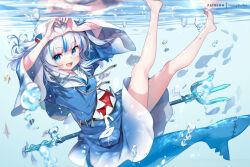  1girl :d barefoot blue_eyes blue_hoodie breasts commentary fins fish_tail gawr_gura hair_ornament hololive hololive_english hong_(white_spider) hood hoodie long_sleeves looking_at_viewer medium_hair multicolored_hair open_mouth polearm shark_girl shark_hair_ornament shark_tail sharp_teeth small_breasts smile solo streaked_hair tail teeth trident underwater variant_set virtual_youtuber weapon white_hair 