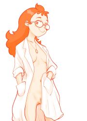  1girl breasts character_request closed_mouth coat copyright_request female_pubic_hair freckles glasses gluteal_fold half-closed_eyes hands_in_pockets highres jewelry lab_coat long_hair naked_coad necklace open_clothes open_coat partially_visible_vulva pubic_hair riarutoruchokku simple_background small_breasts smile solo webp-to-png_conversion white_background 