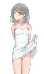  1girl bare_shoulders blush cleft_of_venus clothes_lift collarbone dress dress_lift female_focus flat_chest gluteal_fold green_eyes grey_hair groin highres legs loli looking_at_viewer looking_to_the_side medium_hair mustee no_panties original presenting presenting_pussy pussy simple_background solo standing thighs uncensored white_background white_dress  rating:Explicit score:167 user:secret64