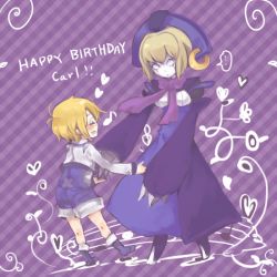  1boy 1girl ahoge android arc_system_works blazblue blazblue:_calamity_trigger blonde_hair blue_eyes blush boots brother_and_sister carl_clover child dress earrings glasses gloves happy_birthday headdress heart jewelry nirvana_(blazblue) robot scarf siblings single_earring white_eyes  rating:Sensitive score:6 user:corvus