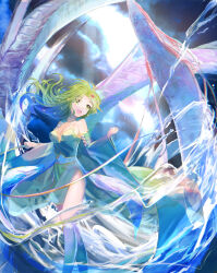  1girl absurdres aged_up breasts cape cleavage detached_sleeves final_fantasy final_fantasy_iv green_eyes green_hair hair_ornament highres kwz_ini leviathan_(final_fantasy) long_hair medium_breasts open_mouth rydia_(ff4) smile solo thighhighs 