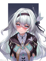  1girl absurdres artist_name black_background black_hairband blue_pupils blush border breasts commentary_request cropped_jacket dotan_art firefly_(honkai:_star_rail) grey_hair hair_ornament hairband highres honkai:_star_rail honkai_(series) looking_at_viewer medium_breasts neckerchief pink_eyes shaded_face shirt smile solo talking translation_request twitter_username upper_body white_border white_shirt yandere yellow_neckerchief 