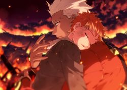  2boys archer_(fate) blurry blurry_background burning carrying child dark_skin dark-skinned_male dirty embers emiya_shirou closed_eyes fate/stay_night fate_(series) from_side head_on_another&#039;s_shoulder holding holding_person k_(gear_labo) male_focus multiple_boys red_hair time_paradox white_hair aged_down  rating:Sensitive score:4 user:danbooru