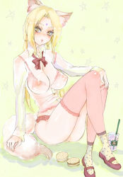  1girl animal_ears blonde_hair blush bow bowtie breasts burger cup facial_mark female_focus food forehead_mark kemonomimi_mode large_breasts long_hair looking_at_viewer naruto naruto_(series) nipples rimo_(shunlovej) see-through sitting solo starbucks tail thighhighs tsunade_(naruto) yellow_eyes  rating:Questionable score:16 user:iyeiye