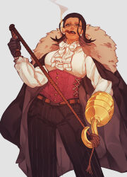  1girl artist_name ascot belt bow bowtie buttons cigar coat coat_on_shoulders corset crocodile_(one_piece) earrings genderswap genderswap_(mtf) gloves hair_slicked_back half-closed_eyes holding holding_whip hook_hand jewelry legs_apart lips long_sleeves looking_at_viewer medium_hair mouth_hold one_piece pants parted_lips rope scar scar_on_face shirt shirt_tucked_in simple_background smoke smoking solo standing stitches tan taut_clothes taut_shirt toboldlymuppet whip white_ascot white_bow white_shirt yellow_eyes 