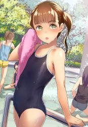 4girls :o ass bare_arms bare_shoulders barefoot black_one-piece_swimsuit blush brown_eyes brown_hair collarbone competition_school_swimsuit covered_navel cowboy_shot day flat_chest hair_ribbon highres kneeling long_hair looking_at_another looking_at_viewer multiple_girls one-piece_swimsuit open_mouth outdoors ponytail ribbon school_swimsuit short_twintails sitting sody solo_focus standing swimsuit towel twintails water wet rating:Sensitive score:183 user:danbooru