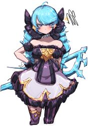 1girl absurdres ahoge bare_shoulders black_bow black_dress black_gloves blush bow collarbone cropped_legs detached_sleeves dress drill_hair frilled_dress frills gloves green_hair grey_dress gwen_(league_of_legends) hair_bow hair_ornament hand_on_own_hip highres holding holding_scissors league_of_legends monakan_japan pantyhose pink_bow scissors squiggle striped_clothes striped_pantyhose twin_drills twintails two-tone_bow rating:Sensitive score:6 user:danbooru