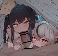  1boy 2girls absurdres anger_vein animal_ears bar_censor black_hair blanket blue_archive blush breasts brown_eyes censored completely_nude cooperative_fellatio fellatio ffm_threesome green_eyes grey_hair group_sex hair_ornament hair_ribbon hetero highres holding holding_blanket kokona_(blue_archive) loli long_hair looking_at_viewer multicolored_hair multiple_girls nipples nude oral penis pov ribbon shimaidon_(sex) shun_(blue_archive) shun_(small)_(blue_archive) siblings signature sisters small_breasts streaked_hair sweatdrop testicle_sucking threesome under_covers veins veiny_penis xia6230713  rating:Explicit score:767 user:danbooru