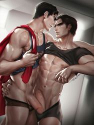 2boys abs ass ass_grab bara black_eyes black_hair erection frottage grin highres male_focus multiple_boys muscular naughty_face pectorals penis sakimichan short_hair smile sweat uncensored underwear undressing yaoi rating:Explicit score:35 user:harucho