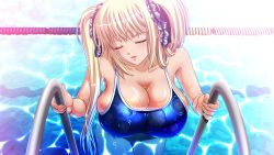  blonde_hair breasts cleavage covered_erect_nipples closed_eyes huge_breasts kyonyuu_majo one-piece_swimsuit pool swimsuit tenma_cecile twintails wet  rating:Questionable score:55 user:goldoa