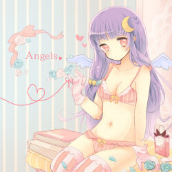  1girl angel_wings blue_flower blue_rose book bottle bra breasts crescent crescent_hair_ornament english_text flower gloves hair_ornament karunabaru long_hair looking_at_viewer medium_breasts navel panties patchouli_knowledge perfume_bottle red_eyes rose solo string string_of_fate striped_background striped_bra striped_clothes striped_panties striped_thighhighs thighhighs touhou underwear vertical-striped_bra vertical-striped_clothes vertical-striped_panties vertical-striped_thighhighs very_long_hair white_flower white_gloves white_rose wings 