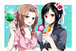 2girls aerith_gainsborough aerith_gainsborough_(floral_delight) black_hair breasts brown_hair cleavage cocktail_glass crop_top cup drinking_glass final_fantasy final_fantasy_vii final_fantasy_vii_rebirth final_fantasy_vii_remake flower front-tie_top green_eyes hair_flower hair_ornament ice_cream_cone large_breasts medium_breasts multiple_girls nanao_(zonzonsh) official_alternate_costume official_alternate_hairstyle red_eyes smile tifa_lockhart tifa_lockhart_(majestic_glamour) upper_body 