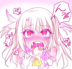  1girl blush cum cum_in_mouth cum_on_tongue eyebrows fate/kaleid_liner_prisma_illya fate_(series) full-face_blush gloves heart heart-shaped_pupils illyasviel_von_einzbern loli long_hair open_mouth shiny_skin solo sondenkou symbol-shaped_pupils tears text_focus tongue tongue_out upper_body 