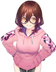 1girl black-framed_eyewear blush breasts brown_hair collarbone commentary_request cowboy_shot drawstring glasses grin hair_between_eyes hair_tie hands_on_own_hips highres hololive hood hood_down hoodie large_breasts long_hair long_sleeves looking_at_viewer low_twintails mechanical_arms medium_hair mikan_(chipstar182) multicolored_clothes multicolored_hoodie pink_hoodie pleated_skirt roboco-san roboco-san_(hoodie) short_twintails simple_background skirt smile solo teardrop-framed_glasses teeth twintails virtual_youtuber white_background yellow_eyes rating:Sensitive score:23 user:danbooru