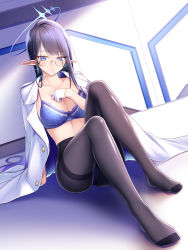 1girl arm_at_side arm_support black_pantyhose blue_archive blue_bra blue_eyes blue_panties blush bra breasts cleavage coat coat_on_shoulders collarbone dutch_angle earrings glasses gloves halo hand_on_own_chest head_tilt highres indoors jewelry knees_up lace lace-trimmed_bra lace_trim long_hair long_sleeves looking_at_viewer midorino_eni no_pants no_shirt no_shoes on_floor panties pantyhose pointy_ears purple_hair rin_(blue_archive) single_earring sitting solo thighband_pantyhose underwear very_long_hair white_coat white_gloves rating:Sensitive score:23 user:danbooru