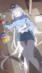  2girls absurdres ahoge animal_ear_fluff animal_ears bag_of_chips blue_archive blue_shorts blue_sweater book breasts can chips_(food) closed_eyes cross_hair_ornament drawstring drink_can extra_ears food grey_hair hair_ornament highres kuu_(user_gngs5284) long_hair long_sleeves lying medium_breasts midriff multiple_girls navel on_back open_book open_mouth potato_chips shadow shiroko_(blue_archive) shiroko_terror_(blue_archive) shorts sidelocks sleeping soda_can solo_focus sweater very_long_hair wolf_ears 