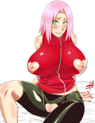  1girl alternate_breast_size bare_shoulders bed bed_sheet bike_shorts black_shorts blush breasts clothing_cutout collarbone covered_erect_nipples crotchless curvy eyebrows eyelashes female_focus forehead green_eyes haruno_sakura heart_cutout highres huge_breasts impossible_clothes impossible_shirt lips looking_at_viewer nail_polish naruto_(series) naruto_shippuuden naughty_face nippleless_clothes nipples pink_hair puffy_nipples pussy red_shirt shiny_skin shirt short_hair shorts simple_background sitting skin_tight sleeveless sleeveless_shirt smile solo sunahara_wataru third-party_edit white_background wide_hips  rating:Explicit score:123 user:Zikimura