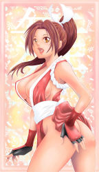  1girl armor ass breasts brown_eyes brown_hair covered_erect_nipples dem_(tamamoyaryu) fatal_fury fingerless_gloves gloves hair_ribbon hand_on_own_ass high_ponytail japanese_armor japanese_clothes kote large_breasts lipstick long_hair makeup no_bra no_panties open_mouth ribbon rope sash shimenawa shiranui_mai sideboob solo the_king_of_fighters  rating:Questionable score:19 user:danbooru