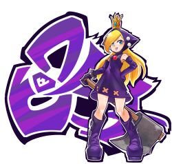 1girl absurdres atsueco124 axe bare_shoulders blonde_hair blue_eyes boots bracelet cross_cutout crown dress elbow_gloves gloves highres hooded_dress jewelry mario_(series) mario_power_tennis mario_tennis nintendo purple_dress purple_footwear purple_gloves simple_background solo spiked_bracelet spikes tongue tongue_out warupeach