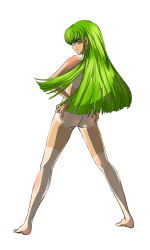  1girl ass barefoot c.c. code_geass feet female_focus full_body green_hair hands_on_own_hips long_hair looking_back nude simple_background solo tan tanline white_background yellow_eyes yun_bruin 