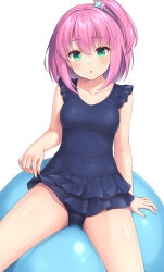  1girl arm_support balloon blue_one-piece_swimsuit breasts collarbone commentary covered_navel double_flare_skirt_one-piece frilled_one-piece_swimsuit frills green_eyes hair_ornament highres medium_breasts medium_hair nontraditional_school_swimsuit one-piece_swimsuit one_side_up original pink_hair sasaame school_swimsuit simple_background sitting solo star_(symbol) star_hair_ornament swimsuit white_background 