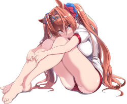  1girl animal_ears barefoot bow breasts buruma closed_mouth commentary daiwa_scarlet_(umamusume) feet full_body gym_uniform hair_between_eyes hair_bow highres horse_ears horse_girl horse_tail large_breasts legs long_hair looking_at_viewer mamo_williams red_bow red_buruma red_eyes red_hair shirt short_sleeves simple_background sitting smile solo tail thighs tiara toes tracen_training_uniform twintails umamusume white_background white_shirt 