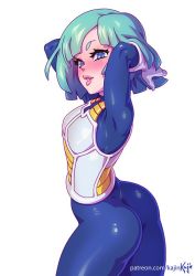 1girl armor armpits arms_up ass bare_shoulders blue_eyes blush bodysuit breasts bulma cowboy_shot dimples_of_venus dragon_ball dragonball_z gloves green_hair heart kajin_(kajinman) lips looking_at_viewer looking_back medium_breasts open_mouth short_hair sideboob simple_background solo teeth thick_thighs thighs white_background wide_hips rating:Sensitive score:64 user:danbooru