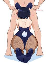 1boy 1girl animal_ears barefoot black_hair clothed_female_nude_male detached_collar fake_animal_ears fishnet_pantyhose fishnets high_heels highres implied_fellatio kill_la_kill kneeling leotard matoi_ryuuko multicolored_hair nude pantyhose playboy_bunny rabbit_ears rabbit_tail seiza short_hair simple_background sitting standing white_background rating:Explicit score:160 user:lowfruit_forger