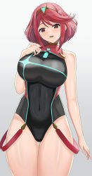  1girl :d arm_at_side bare_arms bare_shoulders black_one-piece_swimsuit blush breasts chest_jewel competition_swimsuit covered_navel cowboy_shot gem gradient_background grey_background hair_ornament hand_on_own_chest head_tilt headpiece highres higofushi jewelry large_breasts looking_at_viewer neon_trim nintendo official_alternate_costume one-piece_swimsuit open_mouth pyra_(pro_swimmer)_(xenoblade) pyra_(xenoblade) red_eyes red_hair short_hair smile solo swept_bangs swimsuit thigh_gap thighs tiara xenoblade_chronicles_(series) xenoblade_chronicles_2  rating:Sensitive score:59 user:danbooru