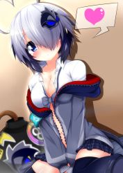  1girl :&lt; ahoge arms_between_legs asymmetrical_bangs blue_eyes blue_skirt blue_thighhighs blush bomb bow breasts brown_background cleavage collarbone collared_shirt explosive expressionless feet_out_of_frame fuse gradient_background gray_(bombergirl) grey_bow grey_jacket hair_ornament hair_over_one_eye heart highres jacket long_sleeves looking_at_viewer medium_hair navel off-shoulder_jacket off_shoulder open_clothes open_jacket open_shirt plaid plaid_skirt pleated_skirt shironeko_haru shirt sidelocks silver_hair simple_background sitting skirt solo speech_bubble thighhighs thighs unbuttoned unbuttoned_shirt wariza white_shirt zettai_ryouiki 