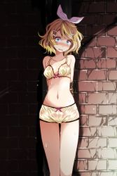 1girl absurdres alley arms_behind_back bdsm blonde_hair blue_eyes blush bondage bound bra breasts brick_wall cameltoe collarbone groin hair_ornament hair_ribbon hairclip headband highres huge_filesize kagamine_rin looking_at_viewer medium_breasts navel open_mouth panties ribbon rope short_hair solo standing sweat thigh_gap tsukishiro_saika underwear vocaloid wall wet wet_clothes rating:Questionable score:61 user:Daybreak01