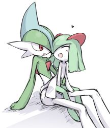  bad_id bad_pixiv_id closed_eyes colored_skin creatures_(company) gallade game_freak gen_3_pokemon gen_4_pokemon green_hair heart horns kirlia lowres multicolored_skin nintendo open_mouth pink_eyes pokemon pokemon_(creature) sidelocks simple_background sitting sitting_on_lap sitting_on_person smile two-tone_skin utsugi_(skydream) white_background white_skin 