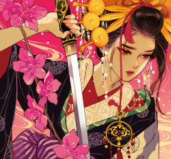  1girl black_hair eyeliner flower hair_ornament highres holding holding_weapon japanese_clothes lipstick makeup matsuo_hiromi nihongami original pink_background red_eyes solo sword upper_body weapon 
