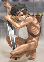1boy blush brown_eyes brown_hair dirty feet gladiator gradient_background hada_toshiya headband highres injury male_focus male_pubic_hair nude one_eye_closed open_mouth original pubic_hair scabbard scar sheath short_hair shota smile solo squatting sweat sword toes warrior weapon wink rating:Questionable score:32 user:Jellybooru