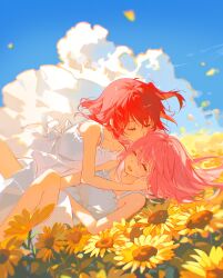 2girls ^_^ absurdres alternate_costume bare_arms blue_sky bocchi_the_rock! closed_eyes cloud day dress falling_petals field floating_hair flower flower_field gotoh_hitori hand_in_another&#039;s_hair head_kiss highres kiss kita_ikuyo long_hair medium_hair multiple_girls open_mouth outdoors petals pink_hair pong_(pong_o0) red_hair side_ponytail sky sleeveless sleeveless_dress sundress white_dress yellow_flower yuri 