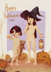  2girls absurdres alkemanubis barefoot black_hair bloomers blunt_bangs blush_stickers bow camisole candy cleft_of_venus closed_eyes completely_nude feet female_focus food full_body hair_bow hair_ornament halloween happy_halloween hat highres jack-o&#039;-lantern lantern loli long_hair multiple_girls navel nude pussy short_hair standing stuffed_animal stuffed_toy uncensored underwear witch_hat yawning  rating:Explicit score:505 user:Feeh