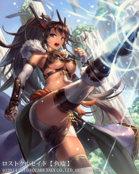 1girl armor ass bikini_armor black_hair blue_eyes breasts copyright_name cuboon kicking large_breasts long_hair lost_crusade midriff official_art open_mouth shiny_skin skindentation solo square_enix underboob very_long_hair rating:Sensitive score:29 user:danbooru
