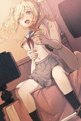  1boy 1girl aoinakamura bdsm bed blonde_hair blush bondage bound bound_legs clothed_female_nude_male cum cum_on_body grabbing grabbing_another&#039;s_breast hetero highres molestation multicolored_hair navel nipples nude on_bed pink_hair project_sekai skirt socks spreader_bar tenma_saki two-tone_hair yellow_eyes  rating:Explicit score:83 user:Daybreak01
