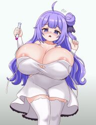  1girl ahoge alternate_breast_size areola_slip azur_lane blush breast_expansion breasts cleavage commission dress flying_sweatdrops gradient_background hair_bun highres holding holding_test_tube huge_breasts long_hair looking_at_viewer nav_(itsnav) open_mouth oppai_loli plump potion purple_eyes purple_hair simple_background single_side_bun solo test_tube thighhighs unicorn_(azur_lane) wardrobe_malfunction white_dress white_thighhighs wide_hips zettai_ryouiki  rating:Questionable score:45 user:danbooru